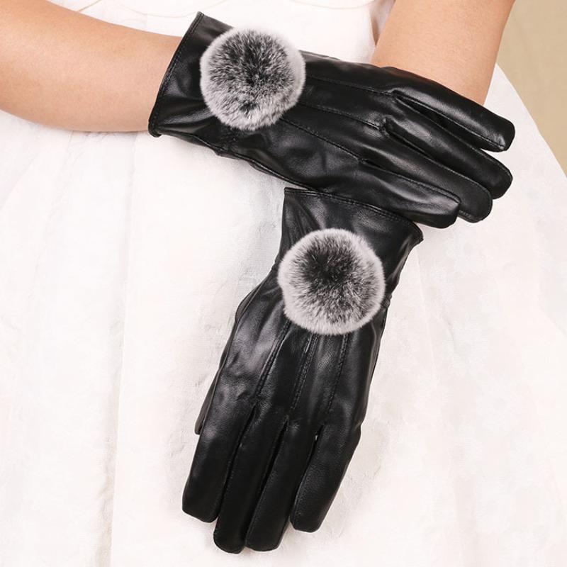 New Autumn and Winter Women's Sheepskin Gloves, Velvet Warm Leather Rex Rabbit Hairball Riding and Driving Leather Gloves