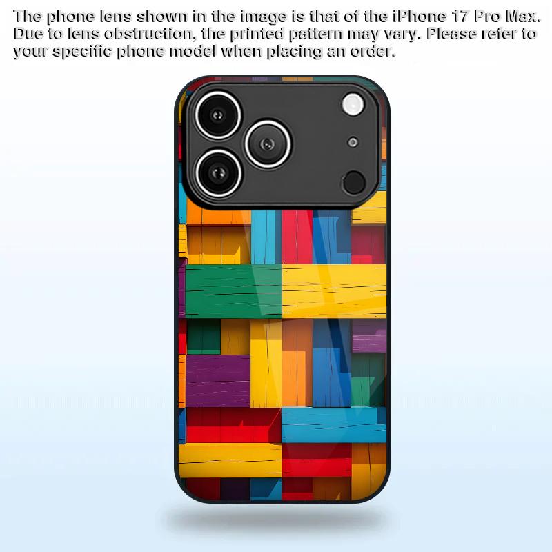 Colorful Wood Block Pattern 2D Phone Case for iPhone 17 16 15 14 13 12 11 X XR XS Max Pro 8 Plus - Glass Protective Cover