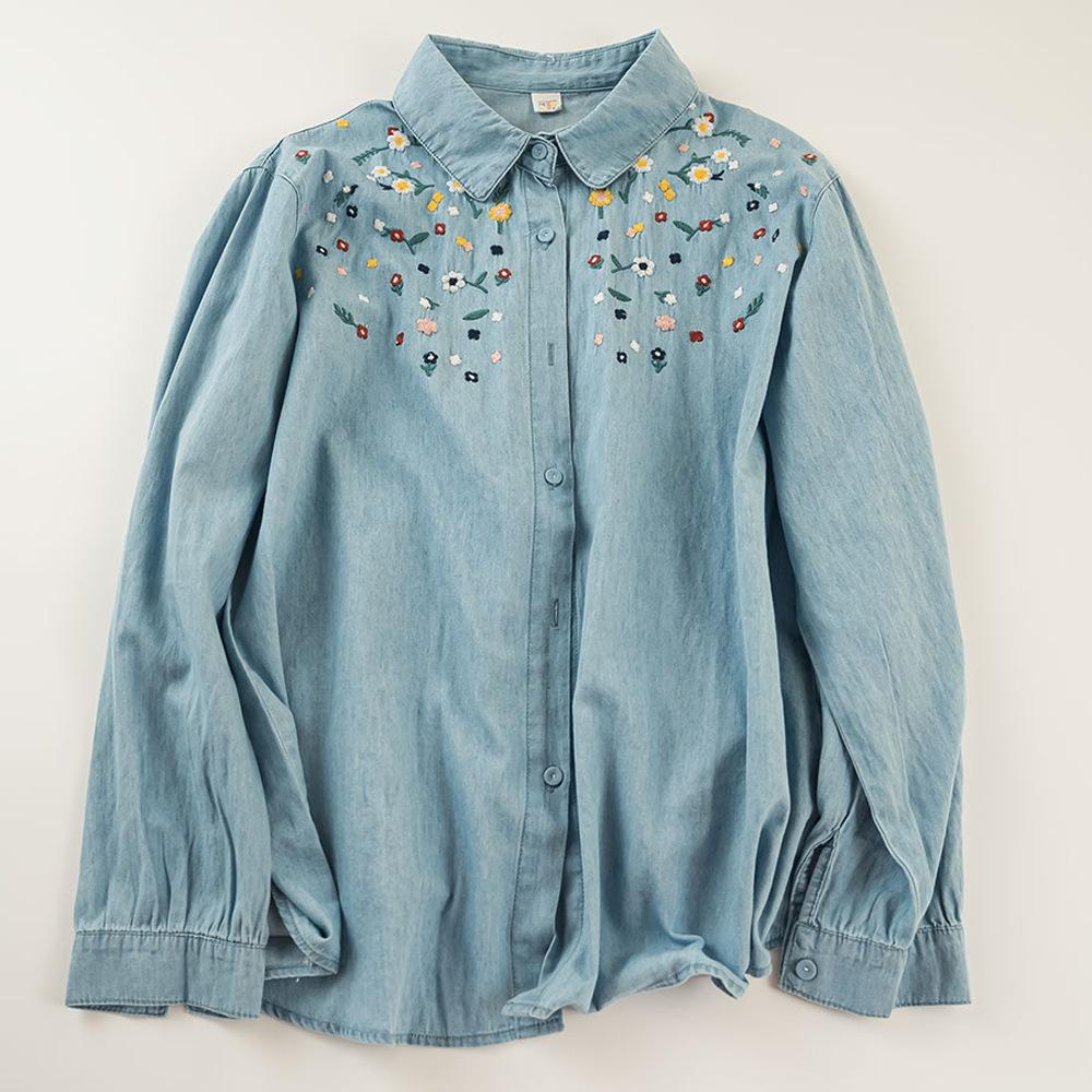 Camicia a maniche lunghe in denim lavato ricamato, cardigan monopetto in denim per donna, primavera e autunno