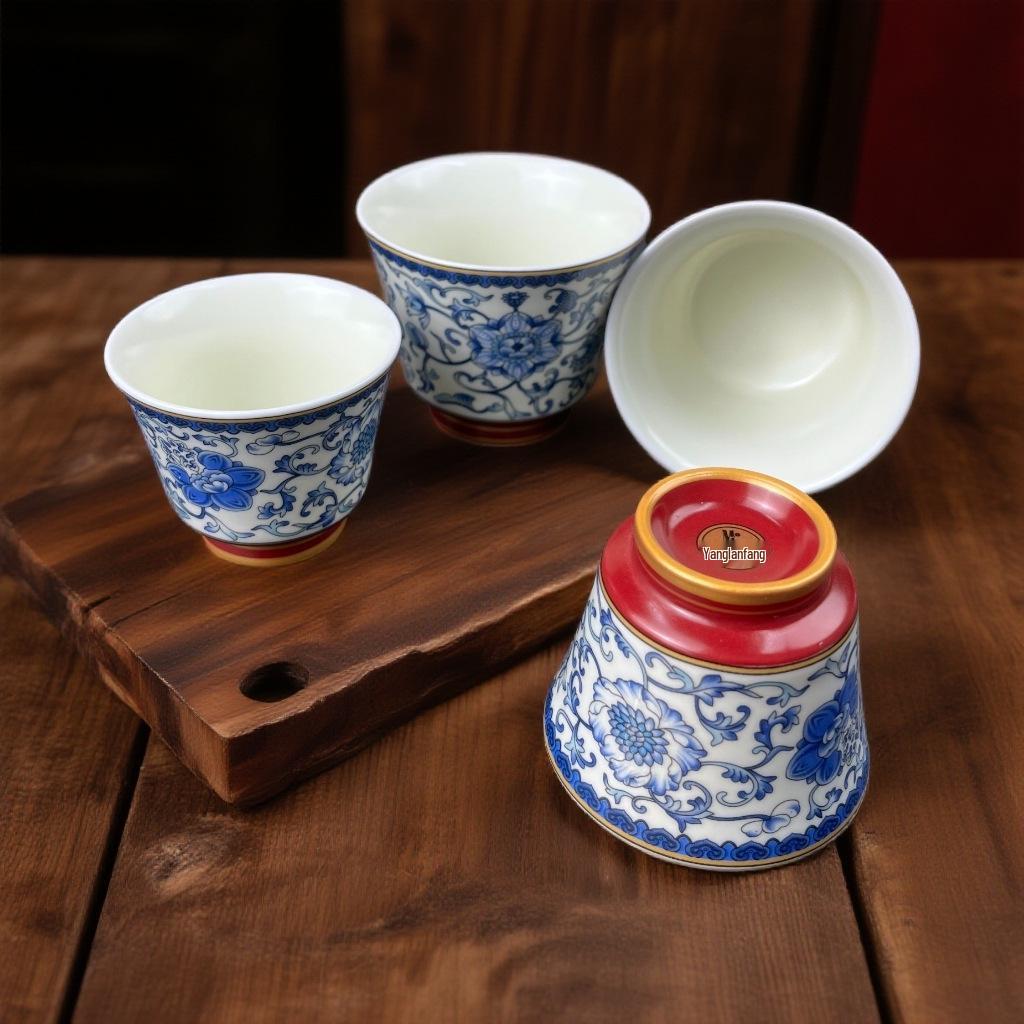 Blue and White Porcelain Lotus Kung Fu Tea Set: Enamel Teacup, Hovering Lid, Teapot, Saucer, and Master Cup.
