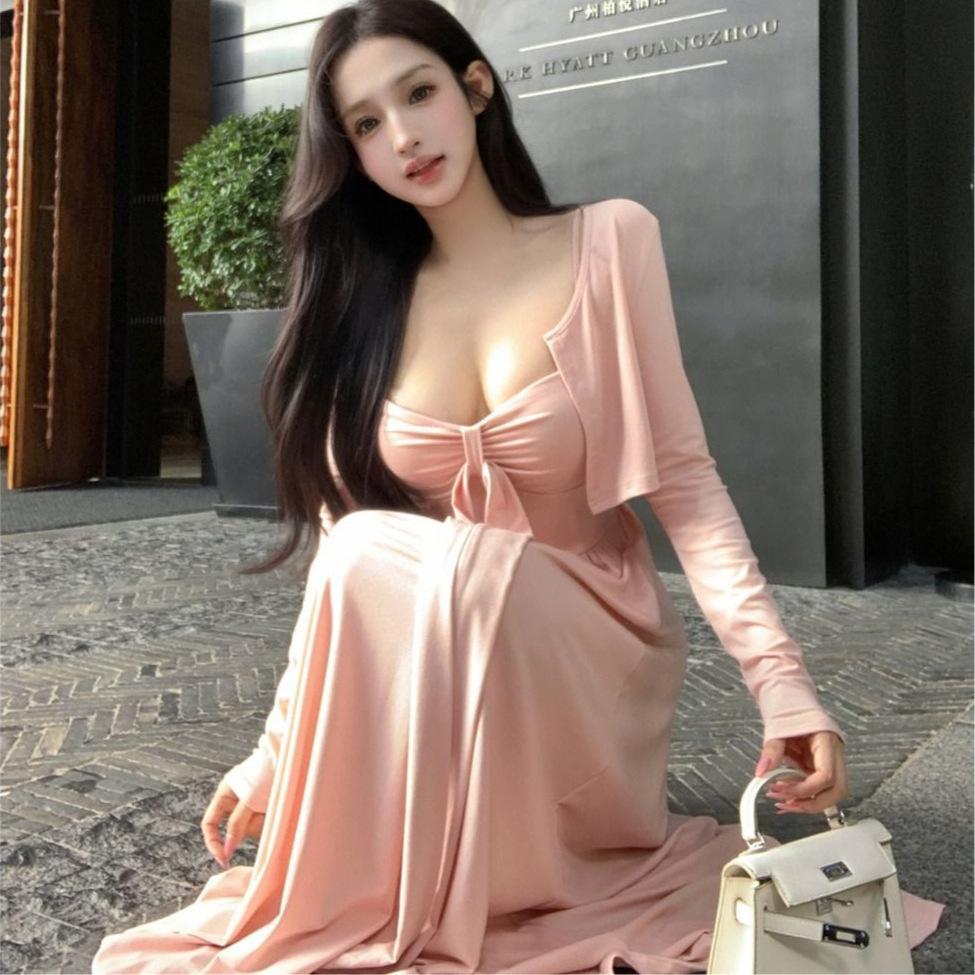 2026 New French Pure Desire Style Pink Suspender Dress Children's Autumn and Winter Cardigan Wear with Long Dress Set