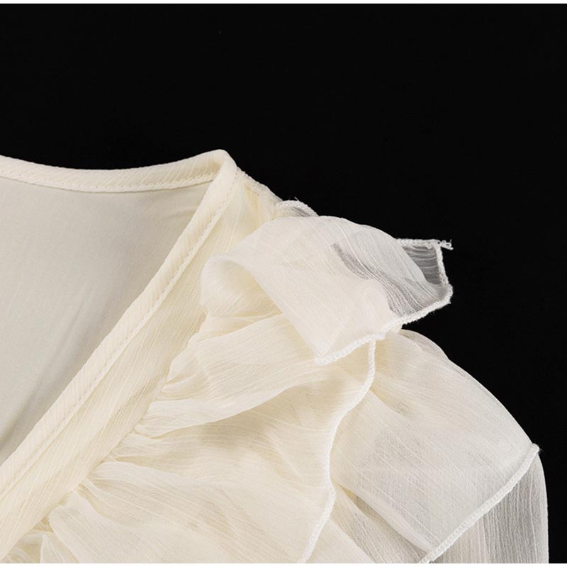 Summer Women Solid Color Pleated Dress Elegant Ruffles V-neck Long Sleeve Mini Dress Fashion Female Fold Casual Beach Party Dress