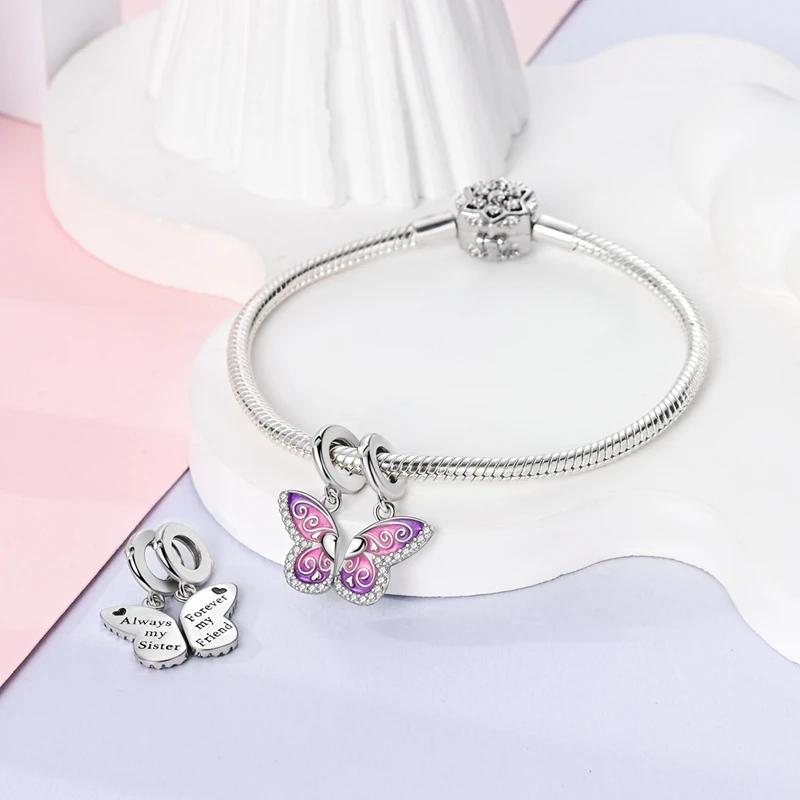 Charms Copperplated Pink Purple Butterfly-Shaped Pendants Fit Charms Original Bracelet Beads Women Jewellery Making Diy