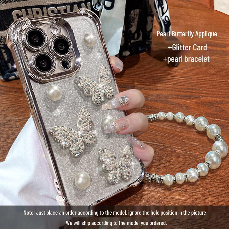 Butterfly Pearl Bracelet Phone Case for Apple 16 Pro Max: Electroplated Drop Protection, High-End Feel, Glitter Design.