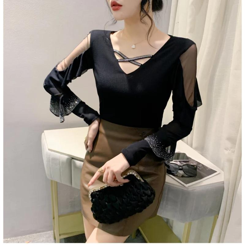 Spring Autumn Streetwear Girl Ruffled Hot Diamonds T-Shirt Fashion Sexy V-Neck Mesh Tops Women's Fare Long Sleeved Tees