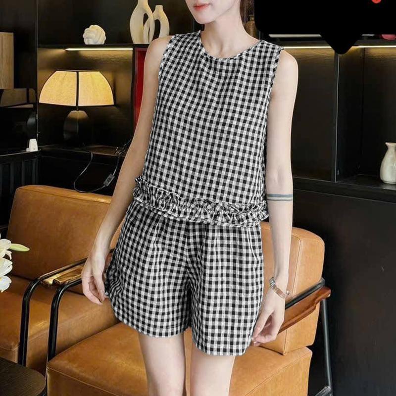 ZANZEA Women Sleeveless Vest Tops and Shorts Plaid Print Casual Two Piece Sets M