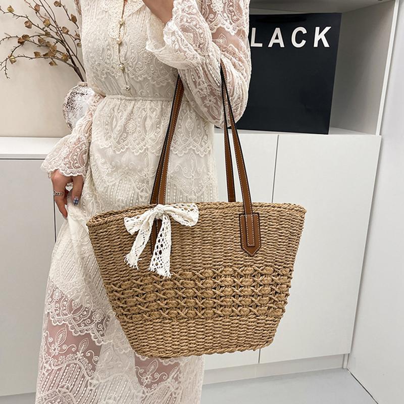 Yogodlns Summer Straw Woven Large Capacity Seaside Tote Bag Women's Basket New Beach Bag Shoulder Underarm Handbag