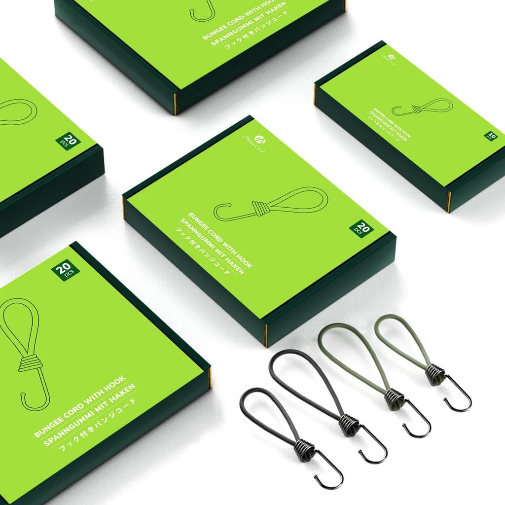 Abma Cord Sznurek elastyczny z elastycznym pakietem sznurka bungee ze sznurkiem amortyzującym do i wstrząsów oraz zabezpieczone haczyki na sprzęt kempingowy, 15/18/20/23cm, 10, Haczyki, Namioty,