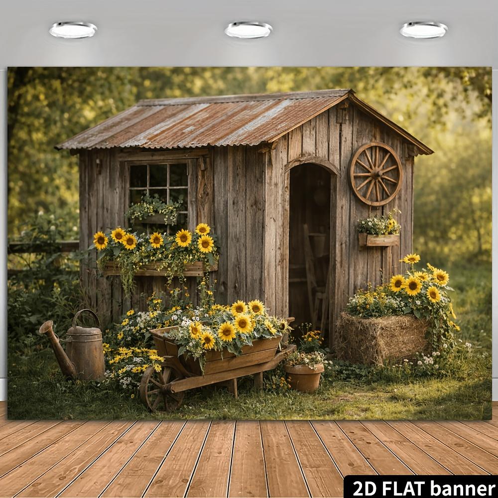 1Pcs Sunflower Garden Cabin Vintage Cart Decoration Background Rustic Backdrop Decorations For Photo Studio Photo Booth Party
