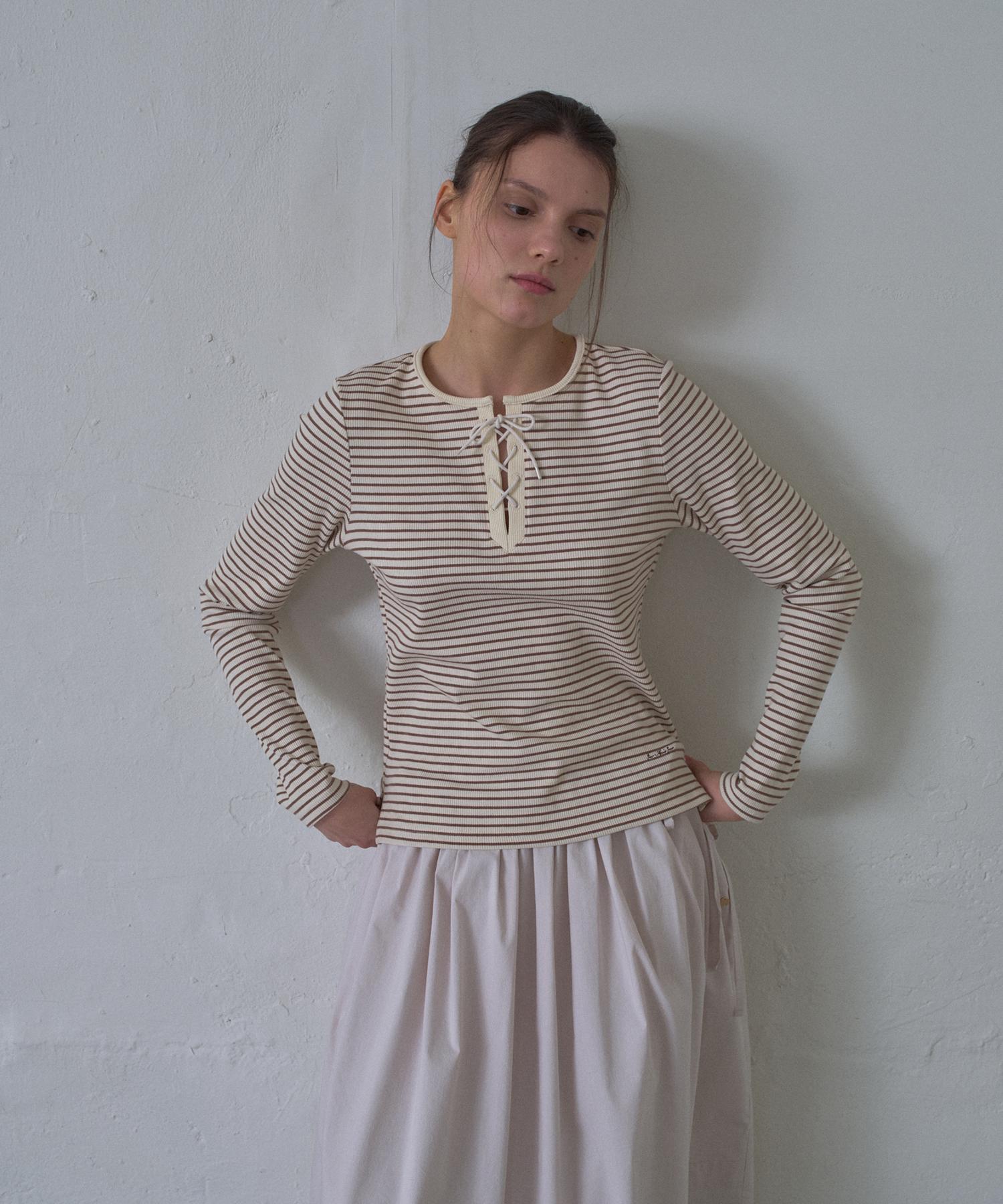 Hane Eyelet Stripe T-Shirt_Brown Stripe S