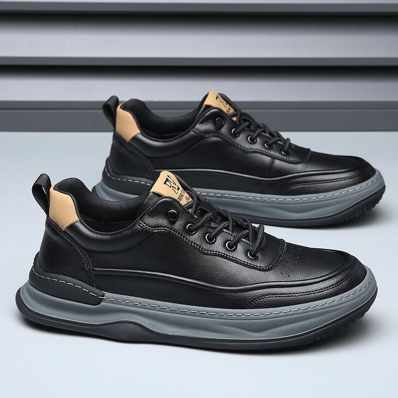Men's Genuine Leather Crooked Head White Sneakers - Spring, Versatile, Thick Sole, Breathable, Hollow Casual Board Shoes