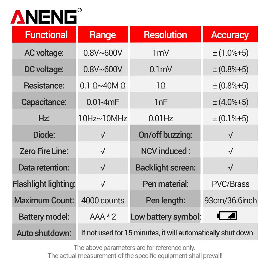 New ANENG A3006 Pen Multimeter Mini Digital 4000 Counts Professional AC/DC Voltage Ohm Diode Capacitance Resistance NCV Test Tool with Digital Display