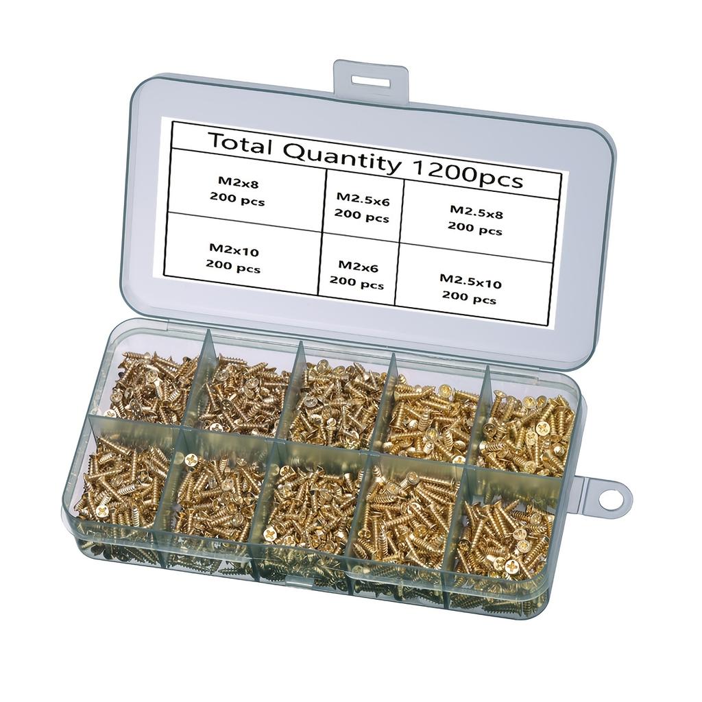 1200 Stück Kleine Scharnier Holzschrauben M2 M2.5 Winzige Flachkopfschrauben Sortiment 5mm 6mm 7mm 8mm 10mm Mikro Messing Selbstschneidende Schrauben Wi