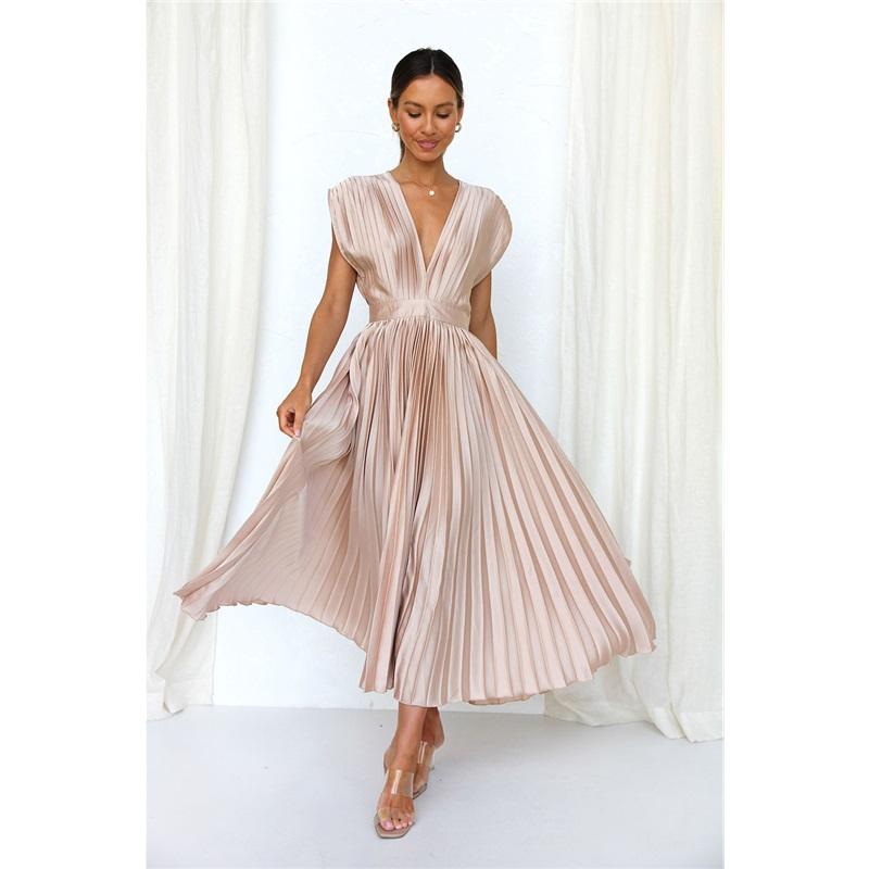 Damen Sexy Plissiertes V-Ausschnitt Taillenkleid Sommer Lässig Locker Reißverschluss Ärmellos Einfarbig Plissierter Langer Rock Für Party