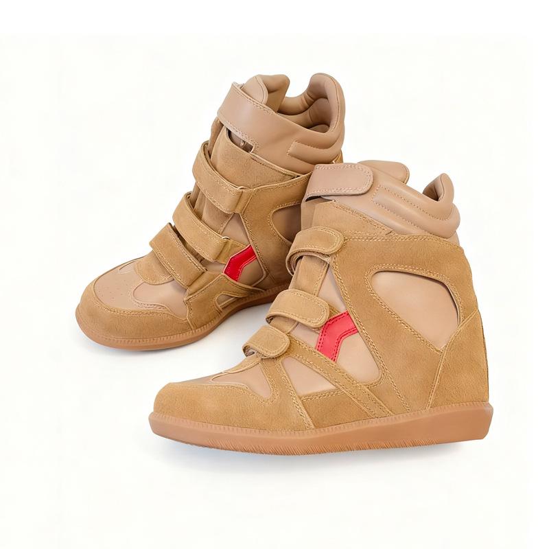 Echtleder-Stil Klettverschluss Unsichtbare Innenhöhe Erhöhende Damen Schuhe Kurze Stiefel Keilabsatz Farblich passend Sportlich Lässig High-Top Schuhe