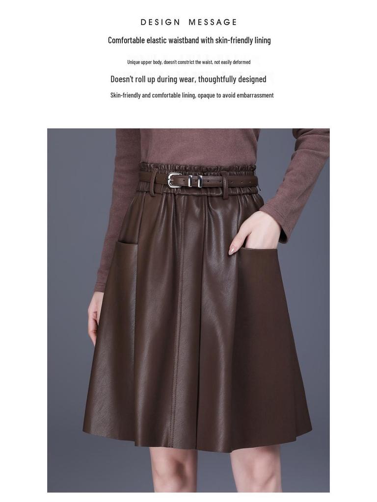 High-Waisted A-Line Leather Skirt for Women, Autumn/Winter, Pleated Lambskin Midi Skirt, Age-Defying & Classic Design