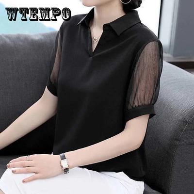 Chiffon Shirt 2022 Summer Black Short-sleeved V-neck Top Cover Belly Plus Size Women's Korean Mesh Blouses V Neck Lapel Tops Pullover Blouse Shirts