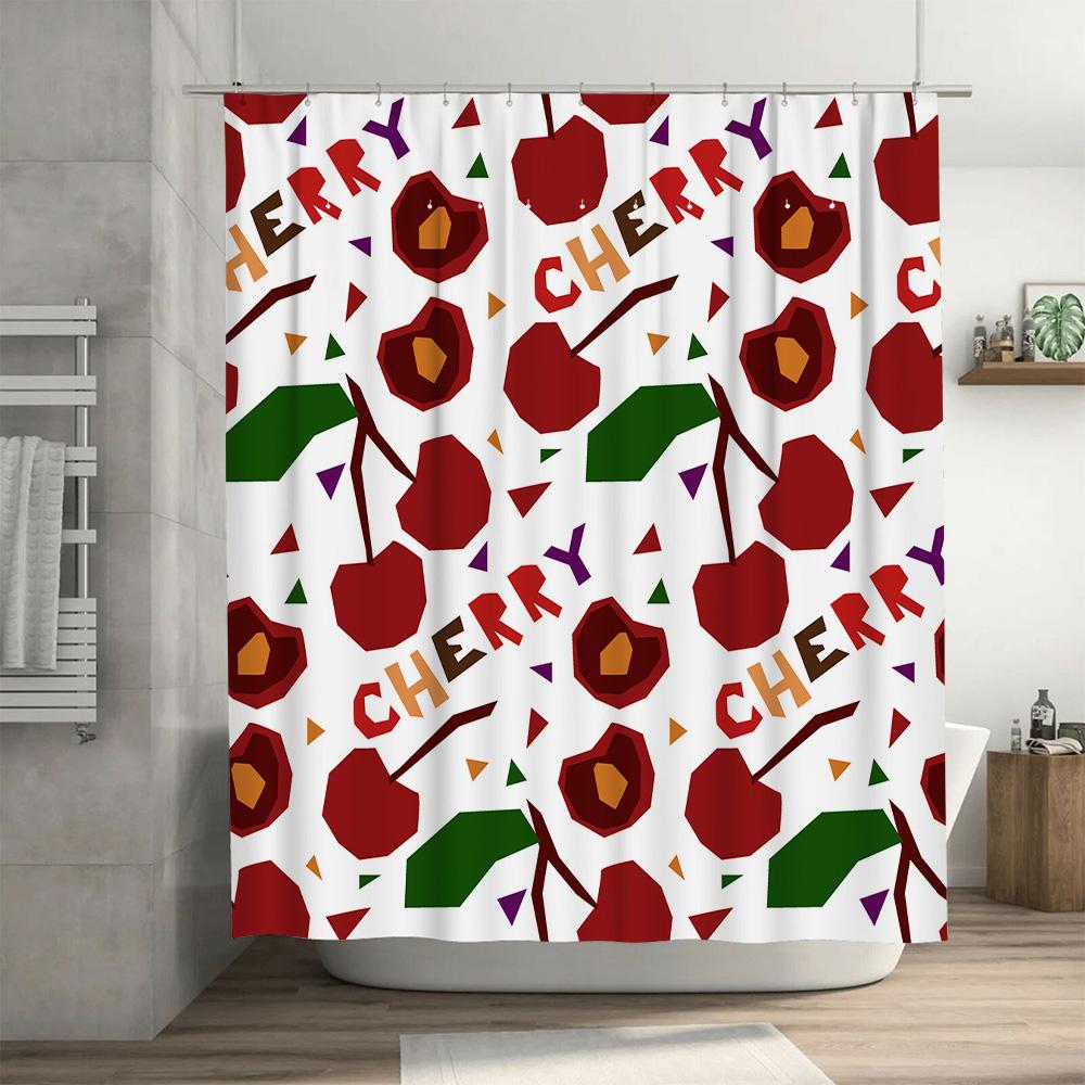 Cherry Shower Curtain White Fabric Waterproof Bath Mat Decorative Red Fruit Pattern Home Decoration Accessory