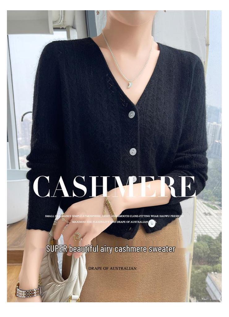 Elegant Women's V-neck Cashmere Jacquard Cardigan - Soft Knitwear for Autumn & Winter
