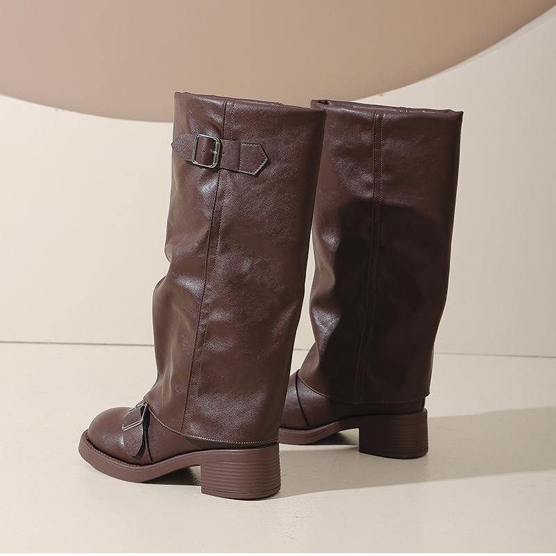 Autumn Winter Vintage Thick Heel Women Knee High Boots Ladies Belt Buckle Knight Long Booties