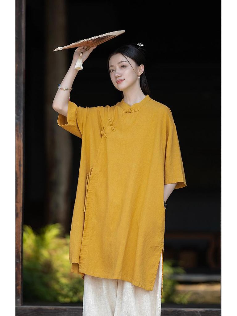 2026 Spring Women's Asymmetrical Cotton Linen Robe with Frog Buttons and Tie-Up Collar - Retro Chinese Zen Tea Wear