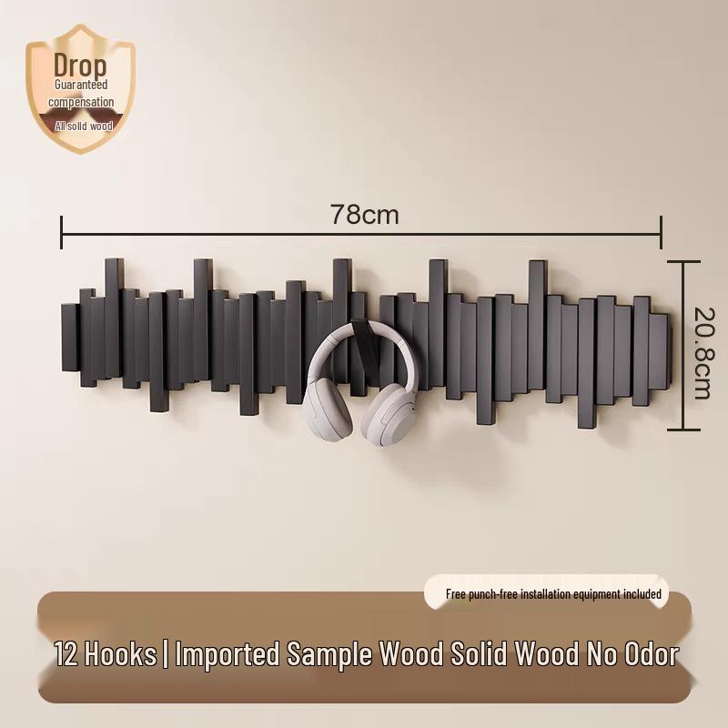 Solid Wood Coat Rack with Piano Key Hooks – Adhesive, No-Punch Design for Wall or Door