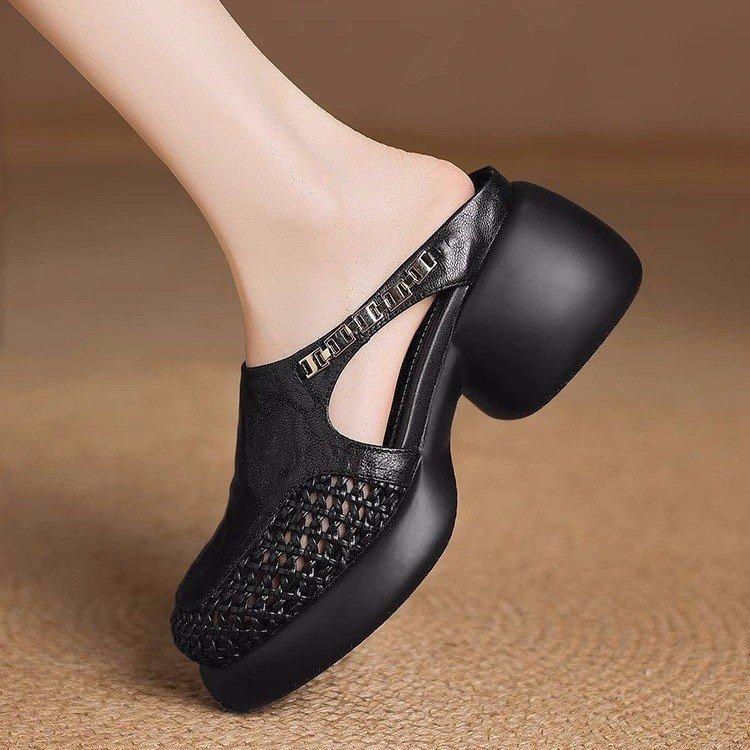 Baotou thick-bottomed sandals soft leather hollowed-out semi-tows new summer woven mesh high-heeled slippers women