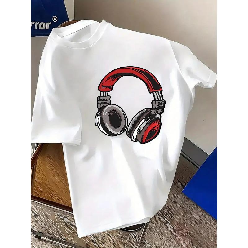 European Sizes Men'S T-Shirt Crew Neck Short Sleeve T-Shirt with Printed Headphone Design, Trendy Casual Top, Comfortable Summer Wear