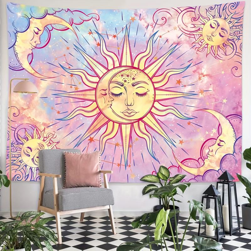 VIKAMA Pink Purple Sun Moon Star Tapestry Bohemian Style Cosmic Nebula Dreamy Girl Style Living Room Decoration
