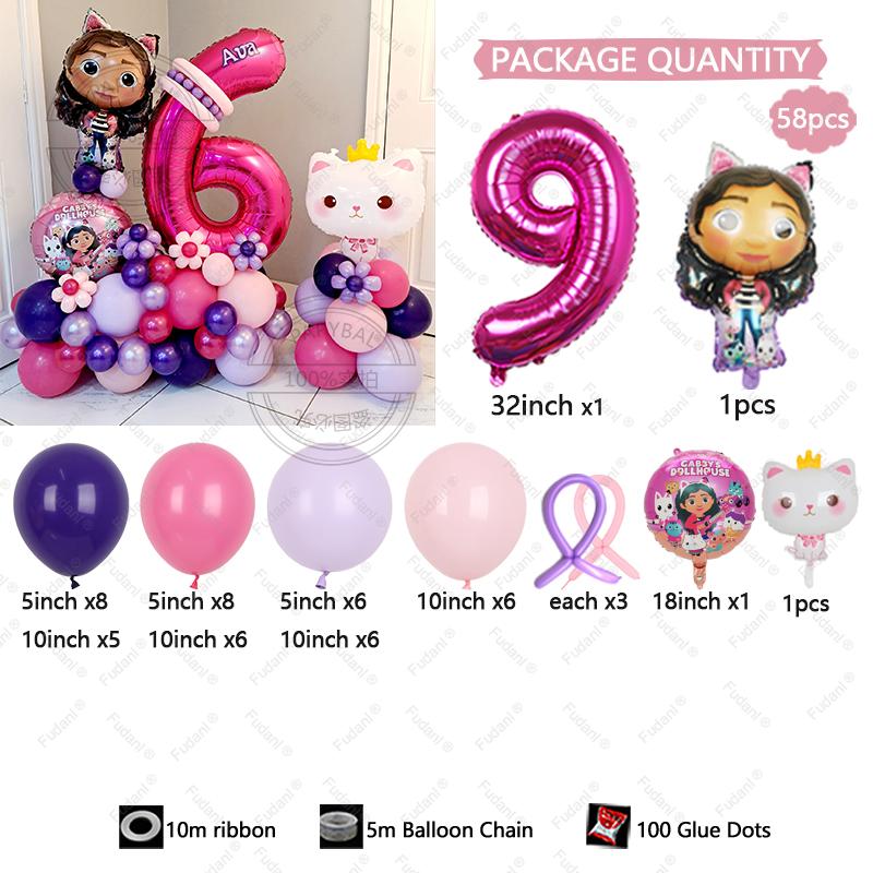 58pcs Cute Gabby Dollhouse Cats Theme Balloon Children's Birthday Party Decoration Latex Foil Ball Girl Gabby's Doll Balloon Toy