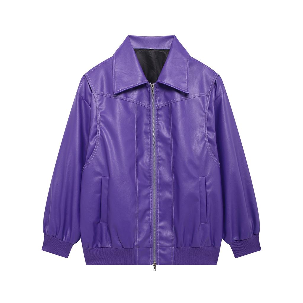 VAYLA Women Zipper Leather Bomber Jackets Coats Contrast Stitch Lapel Long Sleeve Jacket Motorcycle Outwear Tops