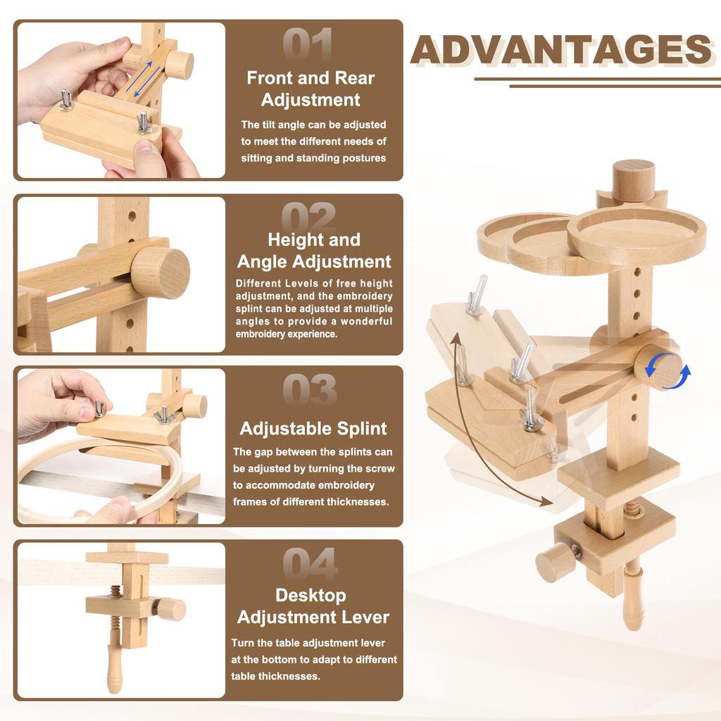 Embroidery Hoop Stand Adjustable Beech Wood Cross Stitch Stand Holder with Built-in Storage Tray with 6/8" Embroidery Hoop