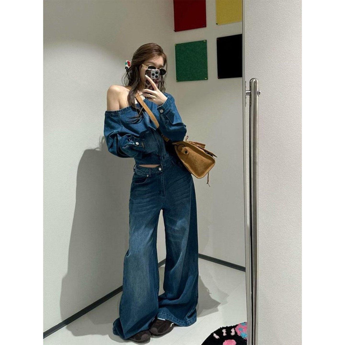 Denim set 1116 asymmetric off-shoulder shirt