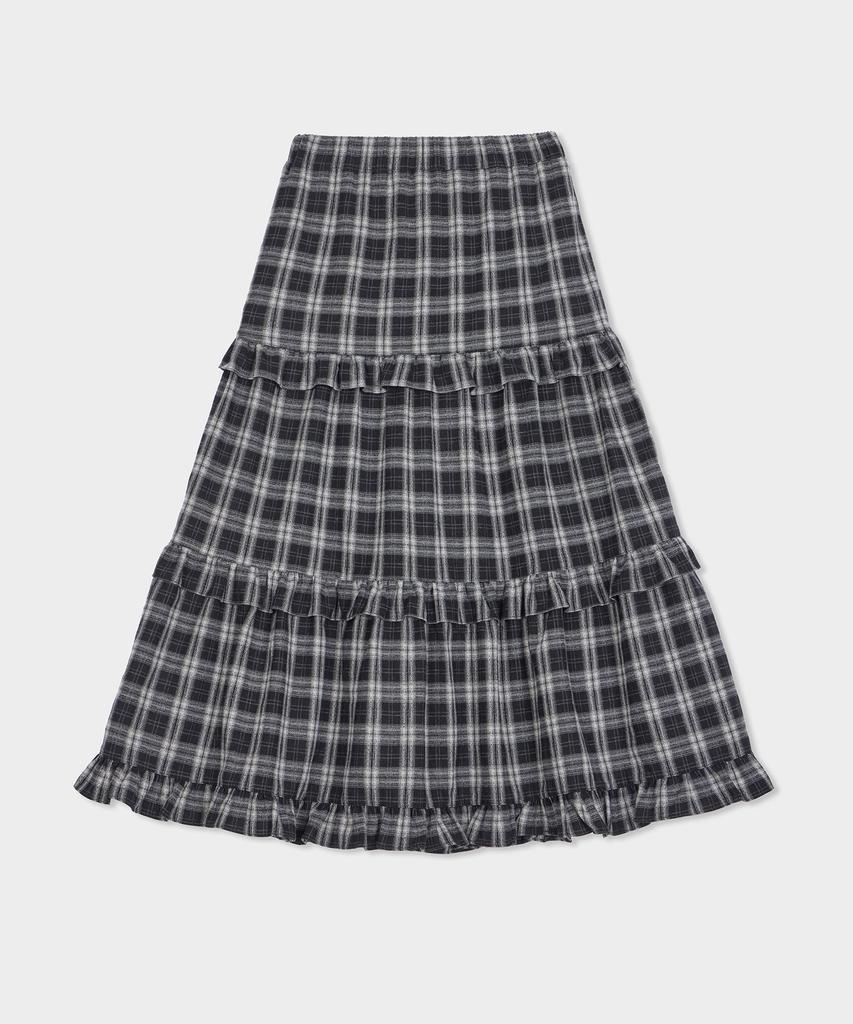 Belloel Winter Shirring Long Skirt Check Black