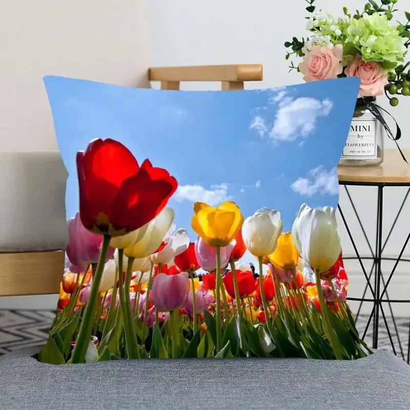 "Floral Tulip Pillowcase, Soft Cotton - Vibrant Flower Design for Spring Decor, Comfortable and Stylish, Perfect Gift for Home"