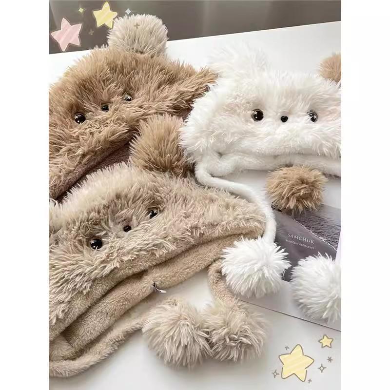 Urocze kreskówkowe rumieńce, pluszowe uszy szczeniaka, dziecięca zimowa wszechstronna ciepła czapka pulowerowa na uszy