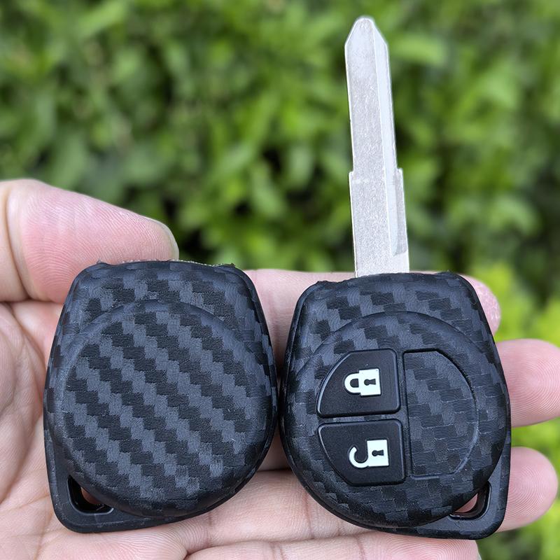 Carbon Fiber Silicone Rubber Fob Case 2 Buttons Car Remote Key Keychain Cover For Suzuki SX4 Swift Vitara Key Accessories