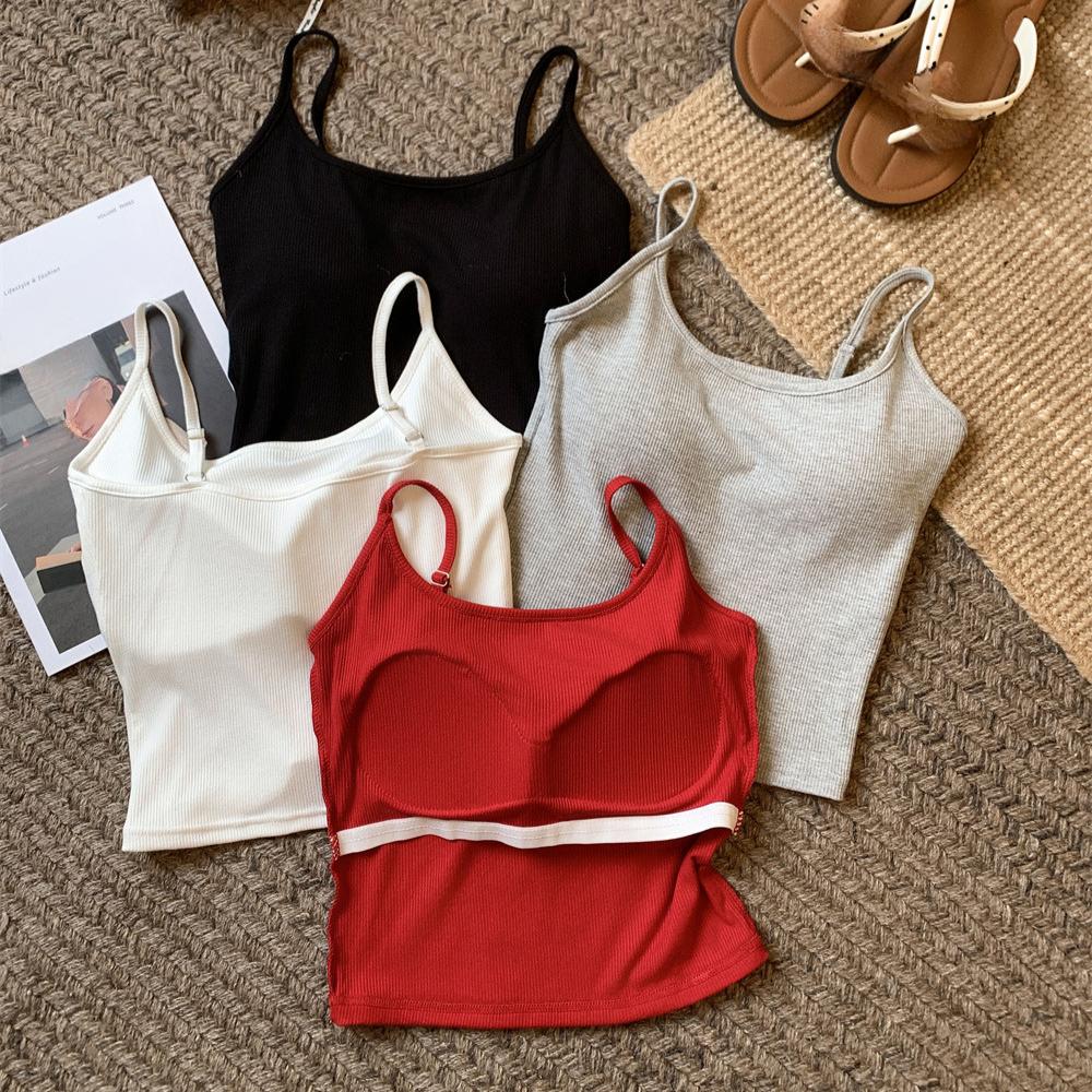 2025 Summer Women Cotton Solid Slim With Chest Pads Crop Tops Female Harajuku Camis Sexy Sleeveless Soft Tank Top Sweet Sling Tops