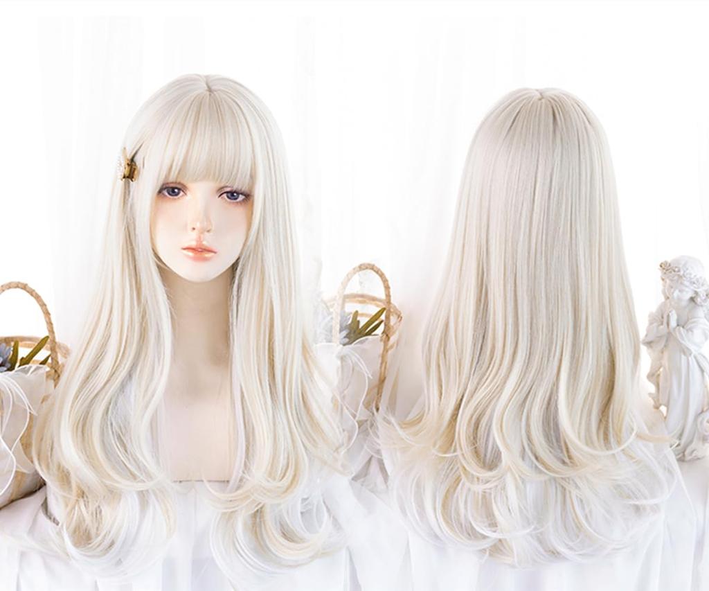 RyuuCos Lolita Langes Lockiges Haar mit Geraden Weißen und mit Weißem und Goldenem Akzent Hitze Perfekt für und Schule und Kulturelle Perücke, Pony, Gold, Farbe,