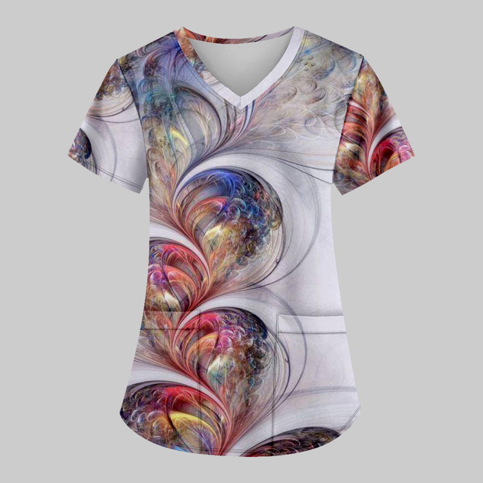 

Женские топы с короткими рукавами и v-образным вырезом с принтом, рабочая блузка с карманами и принтом M серый