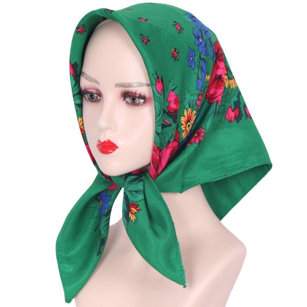 Soft Rose Flower Print Head Scarf Ethnic Style Women Headwraps Simple Square Shawl Party