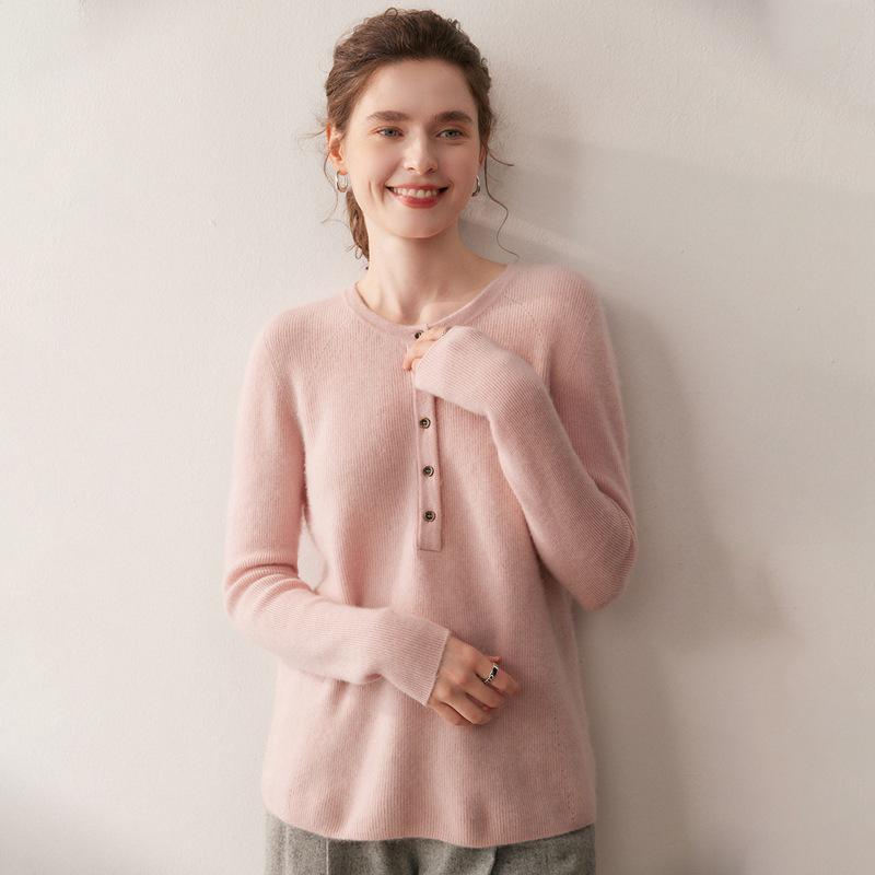 New Cashmere Wool Round Neck Single-Breasted Sweater - Versatile Loose Fit for Autumn/Winter