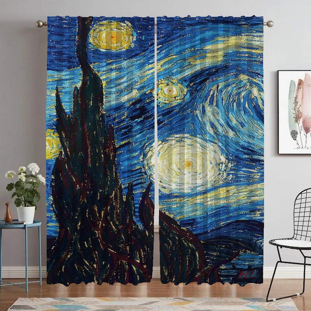 Kitchen Curtains for Living Room Curtain for Room 2 Panel Van Gogh Shades Home Interior Curtains Halloween Decoration Partition