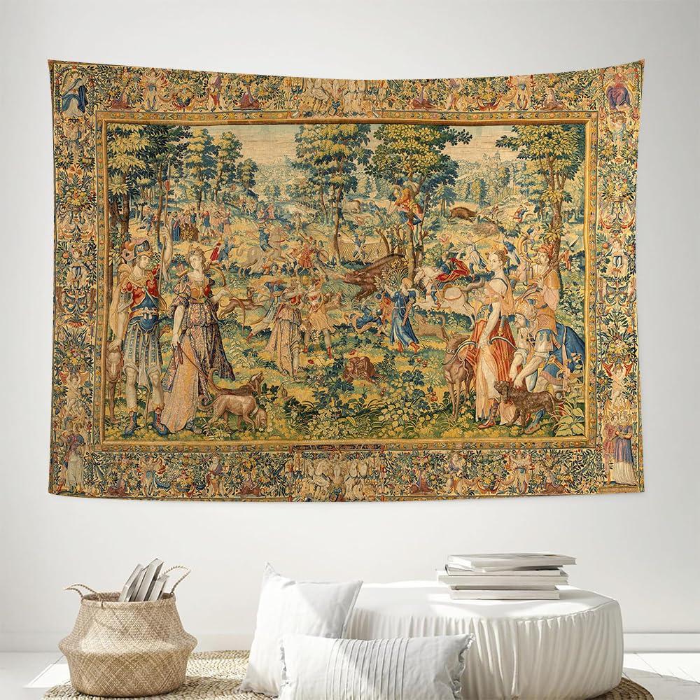 Medieval Forest Tapestry, Vintage Wall Hanging with Renaissance Style Court Scene In Lush Greenery, for Bedroom Decor