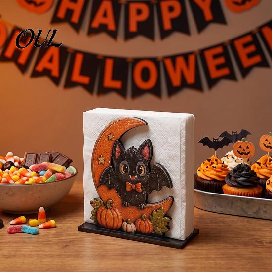 Decorative Wood Tissue Stand Halloween Napkin Holder, Vintage Rustic Dispenser Organizer, Spooky Ghost Stable Log Base Holder Black Cat Boo