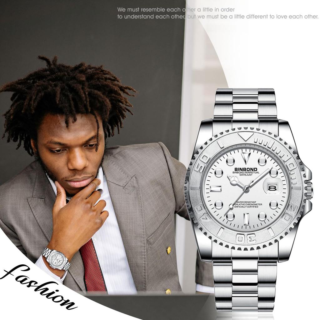 Silberne Wasserdichte Quarzuhr mit Kalender Leuchtende Analoguhr mit Drehbarer Edelstahllünette Schlicht und Stilvoll für Freizeit- und Geschäftskleidung