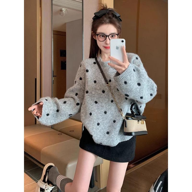 Khaki Polka Dot Pullover Sweater for Women New Autumn and Winter Thickened Loose Casual Lazy Style Sweater