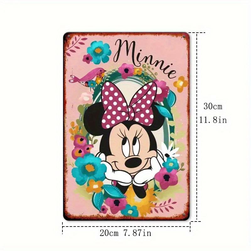 2D Flat - 1pc Minnie Mouse Floral Tinplate Wall Art - 12x8 Inch Metal Sign with Pink Bow & Multicolor Flowers, Vintage Home Deco