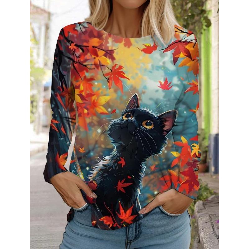 Art Cute Cat Women's Long Sleeves T-Shirt 3D Print Clothing Autumn Fashion Animal Clothing Holiday Gift Clothing Party T-Shirt