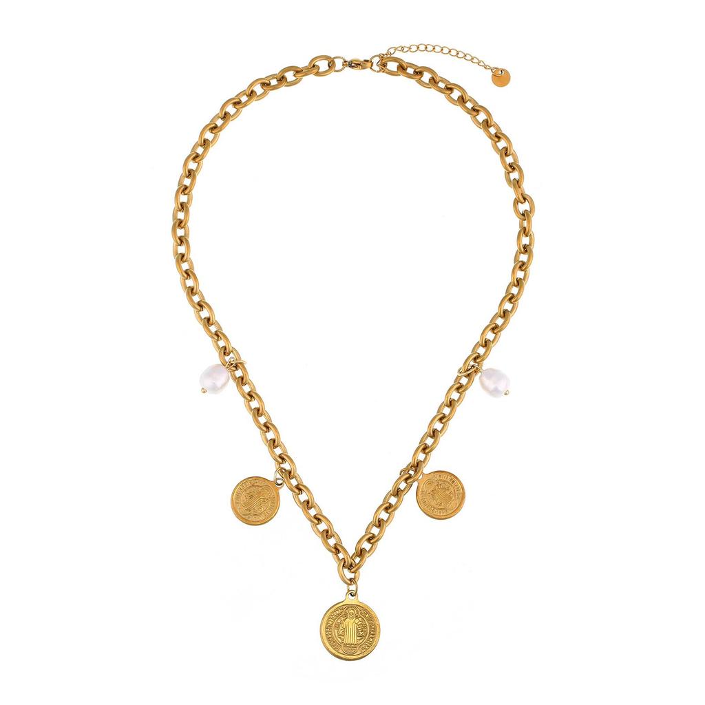 French Baroque Pearl & Gold Coin Stainless Steel Necklace for Women - High-End Feel, Retro Light Luxury Design